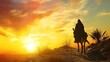 Silhouette of Jesus riding a donkey into Jerusalem on Palm Sunday. Concept Palm Sunday, Religious Art, Biblical Scenes, Silhouette Photography