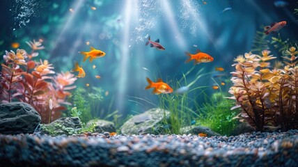 Wall Mural - Colorful fish swimming in vibrant aquarium with plants and sunlight filtering through water