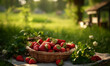 a basket of strawberries on a blanket in the grass near a bench and trees in the background