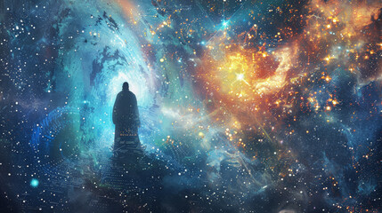Wall Mural - a cosmic tapestry of john 1:1-3, the logos as a radiant figure, embodying the beginning of time, gal