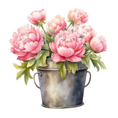 Poster - Bouquet of pink peonies in a metal bucket on a white background