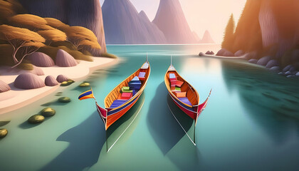 Wall Mural - Abstract Stunning aerial view of two long tail boats floating on digital art concept.