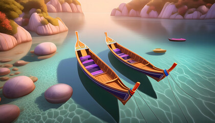 Wall Mural - Abstract Stunning aerial view of two long tail boats floating on digital art concept.