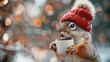 A cute squirrel wearing a red hat holding a coffee cup against a bokeh background. Created with Ai