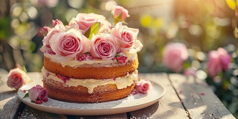 Wall Mural - beautifully decorated layer cake topped with pink roses on a wooden table with a sunny garden setting in the background