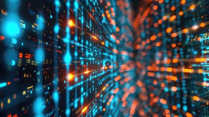 3D illustration of futuristic digital tunnel with blue and orange binary code