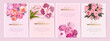 Mother's day poster, banner or greeting card set with hand drawn and realistic 3d bouquet of flowers and gift box on pink background. Vector illustration