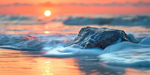 Wall Mural - Close-up of surf flowing over a rock on a Baltic Sea beach at sunset,