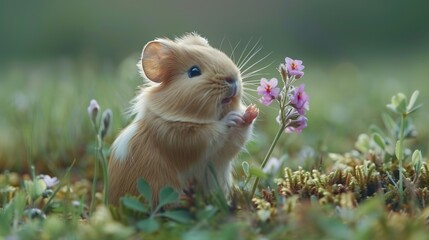 Wall Mural -   A small hamster holds a flower in its mouth while gazing at the camera