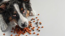 Craft A Birds Eye View Of A Playful Border Collie Enjoying A Variety Of Healthy Treats Amidst Scattered Dog Kibbles On A Pure White Surface