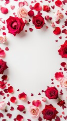 Wall Mural - Top view Valentine's Day concept. Flowers composition and round frame made of rose flowers and confetti on white background with copy space.