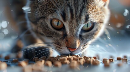 Illustrate an intimate moment with a cat looking directly at the viewer as it delicately eats pellet food Emphasize the cats expressive eyes and the texture of the food Smoothly bl