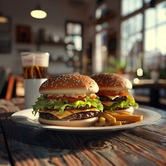 Wall Mural - A hamburger with lettuce and cheese on a plate