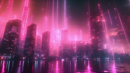 Aufkleber - A neon-lit city under a mystical, pink rainfall at dusk.