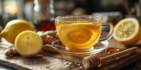 Close-up of a glass cup of Ginger and lemon hot drink on a wooden chopping board with honey and fresh lemon