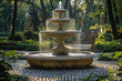 A beautiful fountain in the middle of an ornamental garden, surrounded by trees and shrubs. Created with Ai