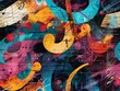 Capture the vibrant essence of musical expressions depicted on a street art mural, using unexpected camera angles to evoke a sense of dynamic movement and rhythm