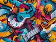 Capture the vibrant essence of musical expressions depicted on a street art mural, using unexpected camera angles to evoke a sense of dynamic movement and rhythm