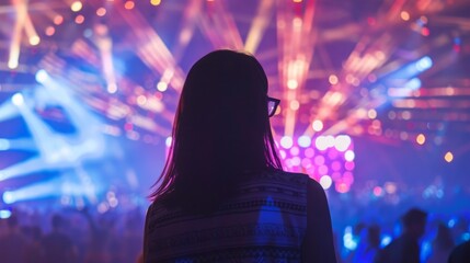 Poster - A woman stands in awe as fireworks explode behind her, illuminating the night sky with bursts of colorful light.