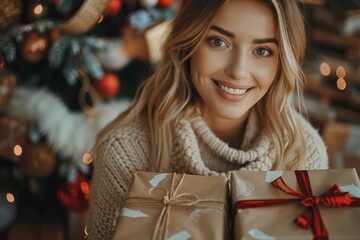 Wall Mural - An attractive woman smiles with gifts in a festive Christmas environment, exuding holiday cheer