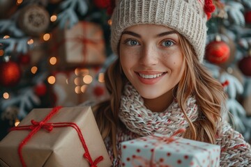 Wall Mural - Festive photo of a radiant woman in winter clothing holding wrapped Christmas presents