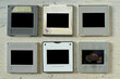 vintage used empty photgraphic slides on wooden table, picture frames with free space for pix or copy