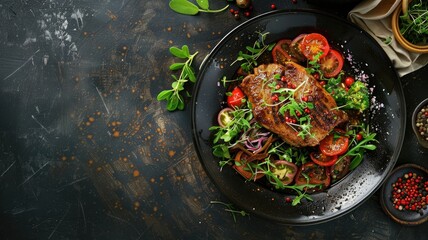 Sticker - Grilled steak on bed of vegetables with garnish