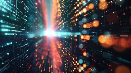 Wall Mural - abstract futuristic corridor with illuminated data stream lines and bokeh lights
