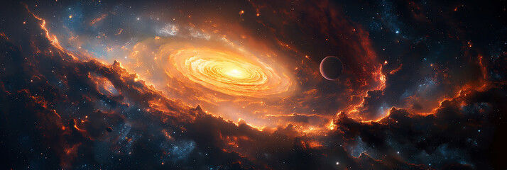 Wall Mural - panorama of fantastic outer space with stars, constellations, galaxies, planets and black hole