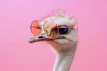 Wall Mural - Surreal animal concept: An ostrich with sunglasses, isolated against a solid pastel background, perfect for commercial and editorial advertisements featuring surrealism.