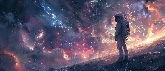 an astronaut staring out into the vastness of space, surrounded by twinkling stars and distant galax