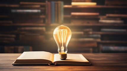 Book with light bulb on a wooden table for inspiration or new idea concept.