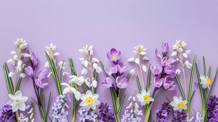 Wall Mural - fresh purple crocus flowers on solid purple background with copy space for text, backdrop mockup template design concept