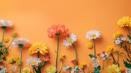 Wall Mural - daisies marigolds pansies flowers frame border on solid orange background with copy space for text, backdrop mockup template design concept