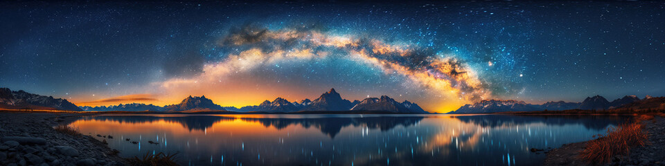 Wall Mural - landscape with milky way in night starry sky against background of mountains and lake