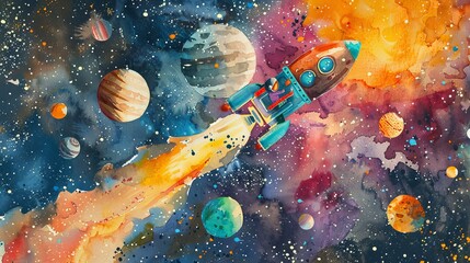 artistic watercolor scene with a child pilot in a rocket, zooming through a vibrant solar system, pl