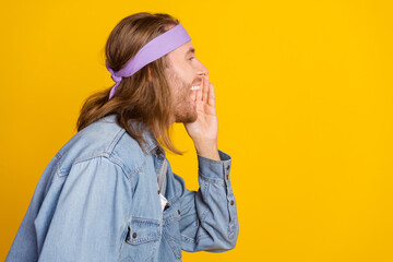 Canvas Print - Photo portrait of attractive young hippie man profile announce scream wear trendy denim outfit isolated on yellow color background