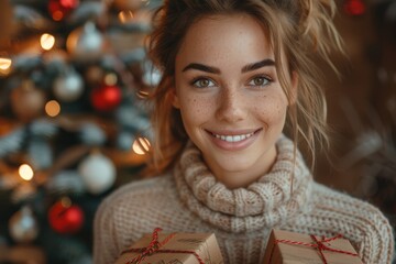 Wall Mural - A joyous young woman holding holiday presents in a festive atmosphere with bokeh lights of a Christmas tree in the background