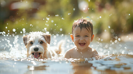 Wall Mural - laughing toddler baby swims with dog splashes having fun at summer