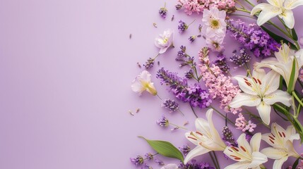 Wall Mural - purple flowers background with copy space for text, backdrop mockup template design concept