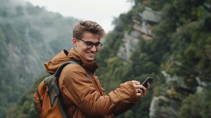 Wall Mural - Smiling Man with Smartphone Outdoors