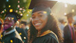 © Julija - Black student in black graduation cap and gowns, graduates students throw confetti up, emotional moment.
