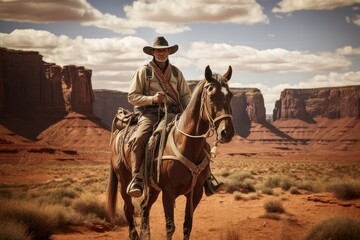 Wall Mural - portrait of a handsome midage cowboy on horseback with landscape of american’s wild west with desert