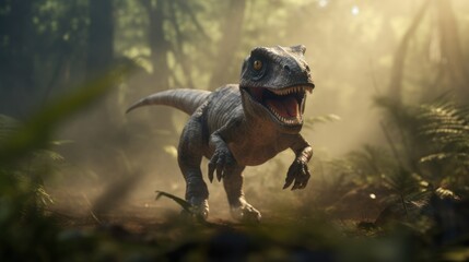 Wall Mural - cute baby dinosaur in prehistoric forest. photorealistic.