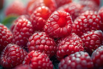 Wall Mural - Macro image showing ripe red raspberries in detail, with a blurred element to emphasize the fruit's texture