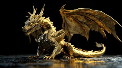 Wall Mural - Golden dragon 3D rendering with details.
