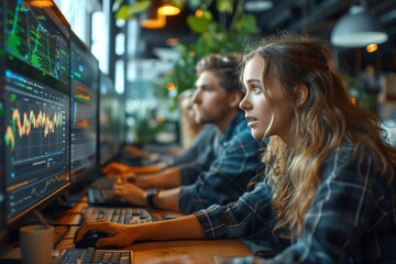 an open-plan software testing office, diverse team members analyzing data on multiple screens, focus