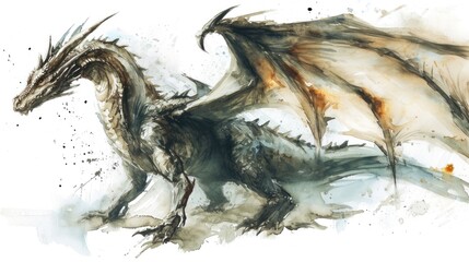 Wall Mural - Watercolor drawing of dragon over white background.