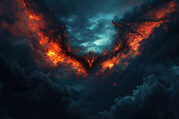 Wall Mural - powerful dragon flying in sky with clouds and fire flame.