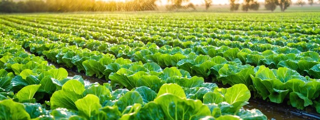 Wall Mural - Famous lettuce growing areas. Cultivated field: fresh green salad bed rows.